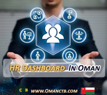 Man interacting with floating icons on a graphical HR dashboard, illustrating HR management solutions in Oman.