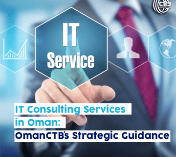 Man pointing at a holographic icon labeled "IT Service," illustrating IT consulting services and strategic guidance by OmanCTB in Oman.