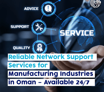 Businessman holding a digital icon with the word "Service" and keywords like advice, support, and quality, representing reliable network support services for manufacturing industries in Oman