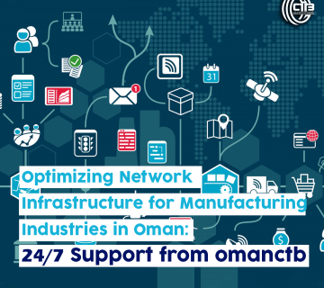 Digital illustration showing global network connections with icons for servers, cloud, data, and communication tools, representing optimized network infrastructure for manufacturing industries in Oman