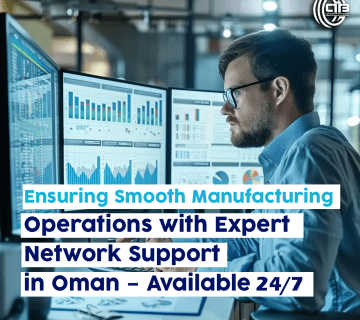 Engineer monitoring multiple screens with data charts and analytics, representing expert network support for smooth manufacturing operations in Oman