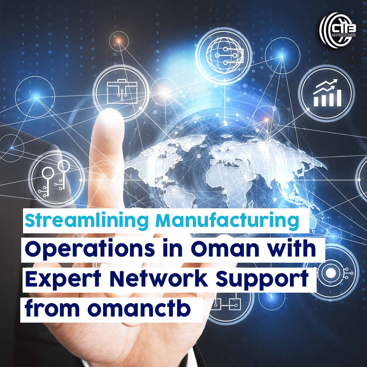 A hand pointing to a transparent holographic screen with digital icons such as growth charts, networks, and data, with a world map in the background representing global technology and connectivity.