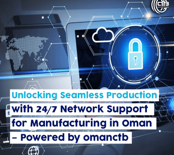 Digital background with a glowing blue lock symbolizing security, a world map with network lines, and technology icons, representing secure and seamless production supported by omanctb.
