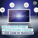 Graphic illustration of a computer screen displaying “IT Support” with surrounding icons such as phone, email, and communication symbols, representing IT services for businesses in Muscat.