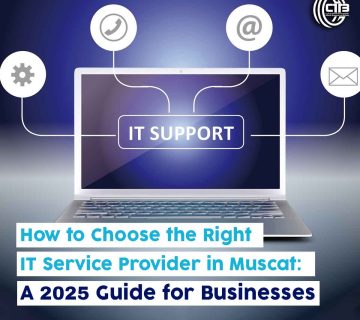 Graphic illustration of a computer screen displaying “IT Support” with surrounding icons such as phone, email, and communication symbols, representing IT services for businesses in Muscat.