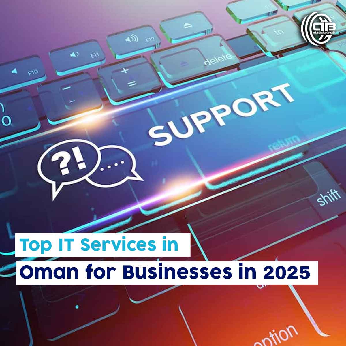 Computer keyboard with a large SUPPORT key highlighted, featuring icons of chat bubbles and a question mark above it, symbolizing customer support and communication.