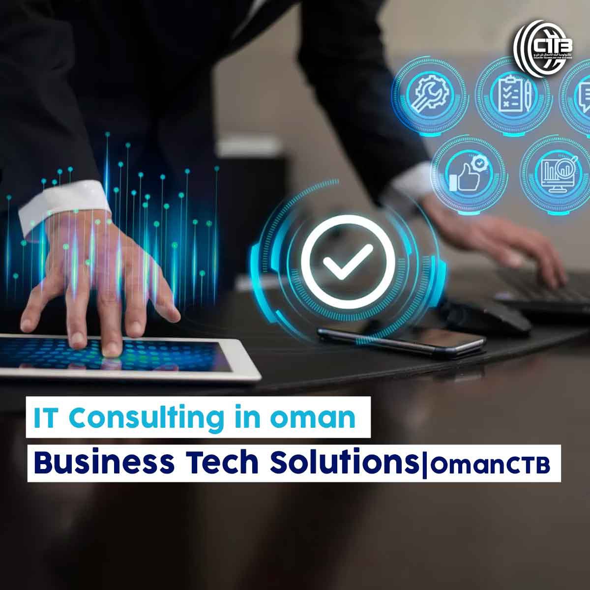 Man working simultaneously on a tablet and keyboard with blue holographic lights and icons, representing IT consulting in Oman.