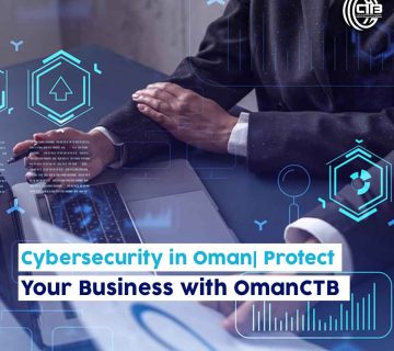 Several men checking cybersecurity data in Oman – one holding a paper, another working on a computer, with a holographic screen displaying icons – OmanCTB