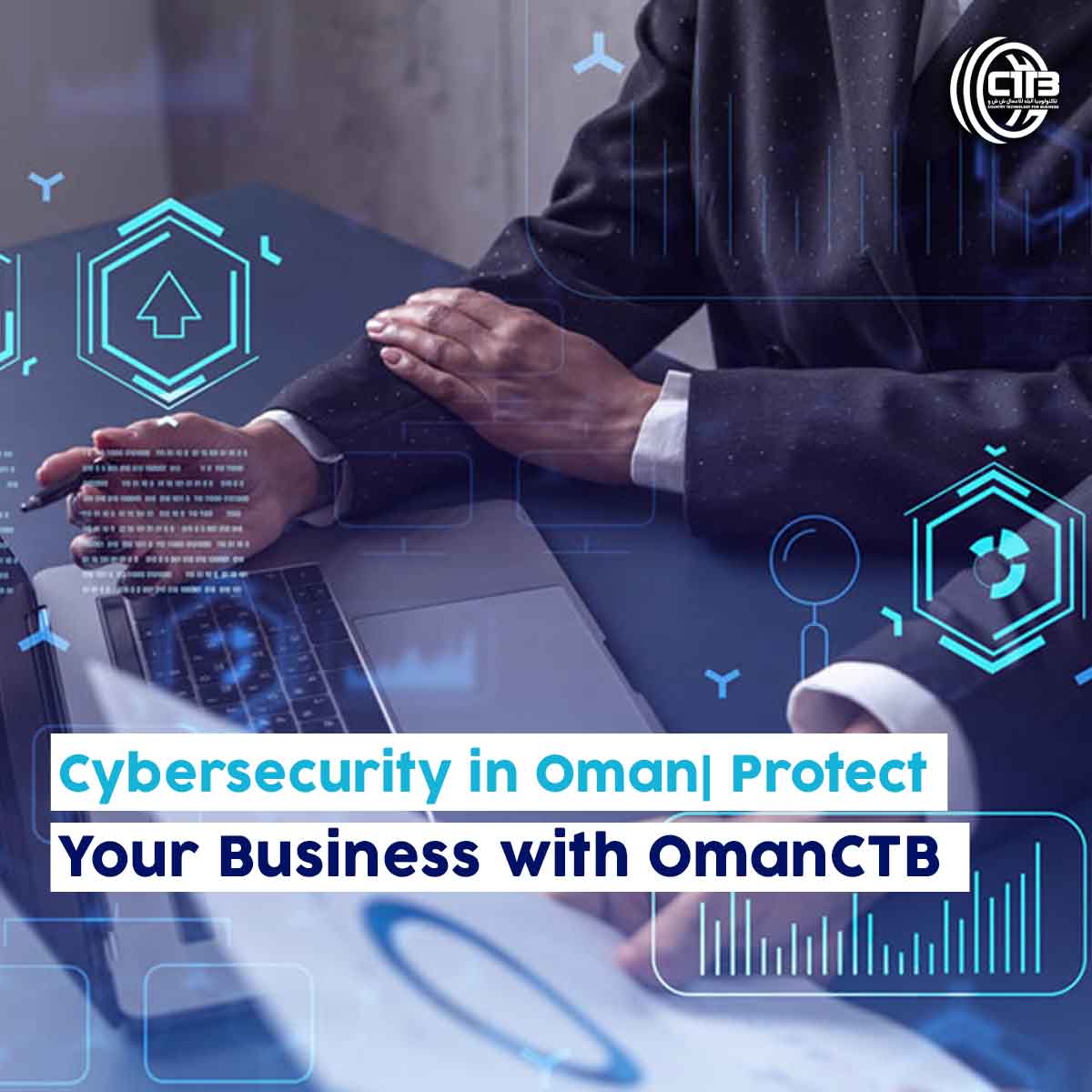 Several men checking cybersecurity data in Oman – one holding a paper, another working on a computer, with a holographic screen displaying icons – OmanCTB